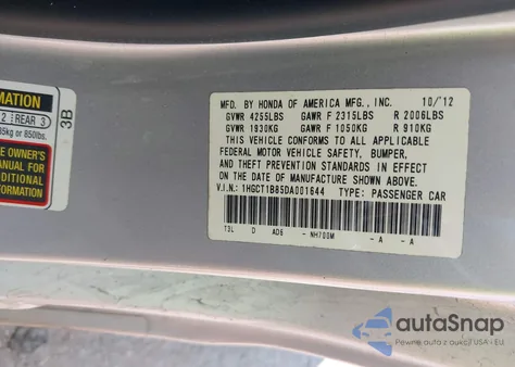 2013 Honda Accord Ex-L из США, поврежденный, VIN 1HGCT1B85DA001644